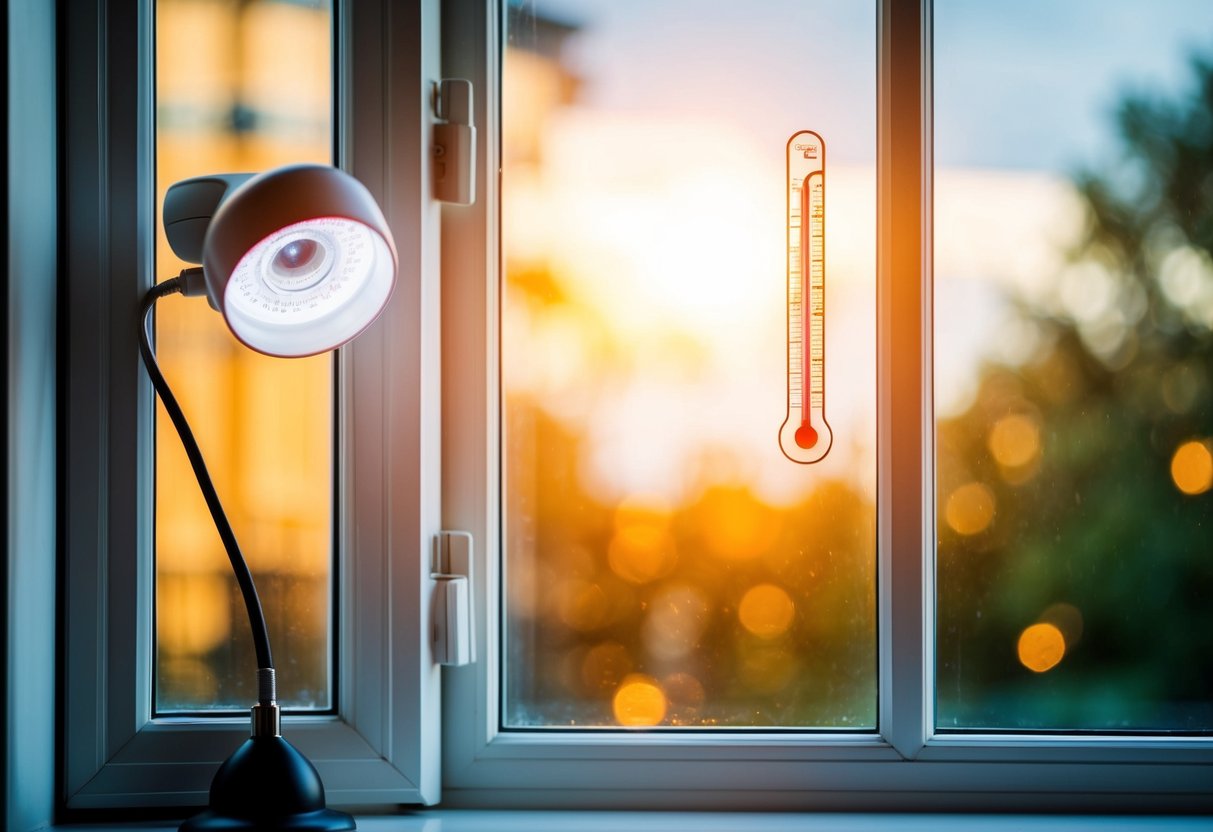 A window with a heat lamp on one side and a thermometer on the other, demonstrating the concept of U-value and heat transfer