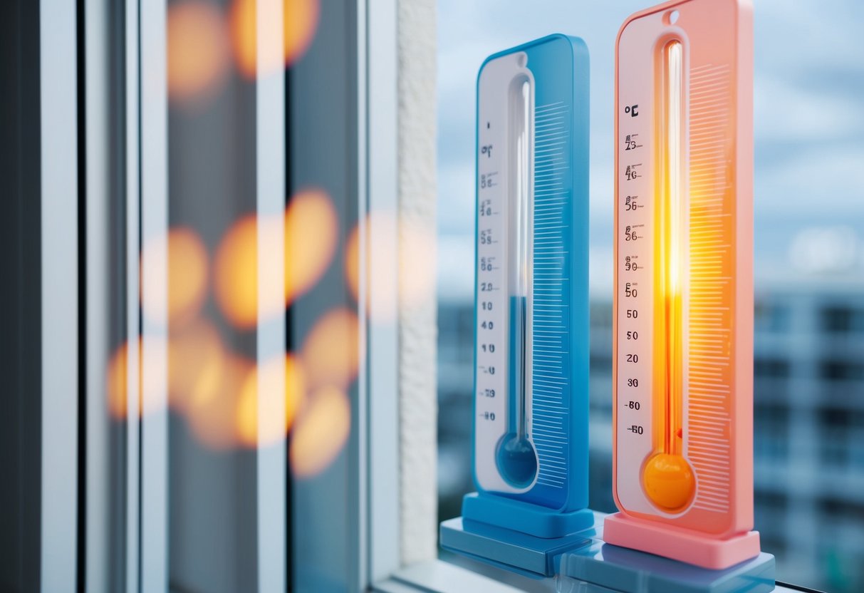 A window with heat sensors showing heat escaping, while a thermometer measures temperature difference inside and outside the building