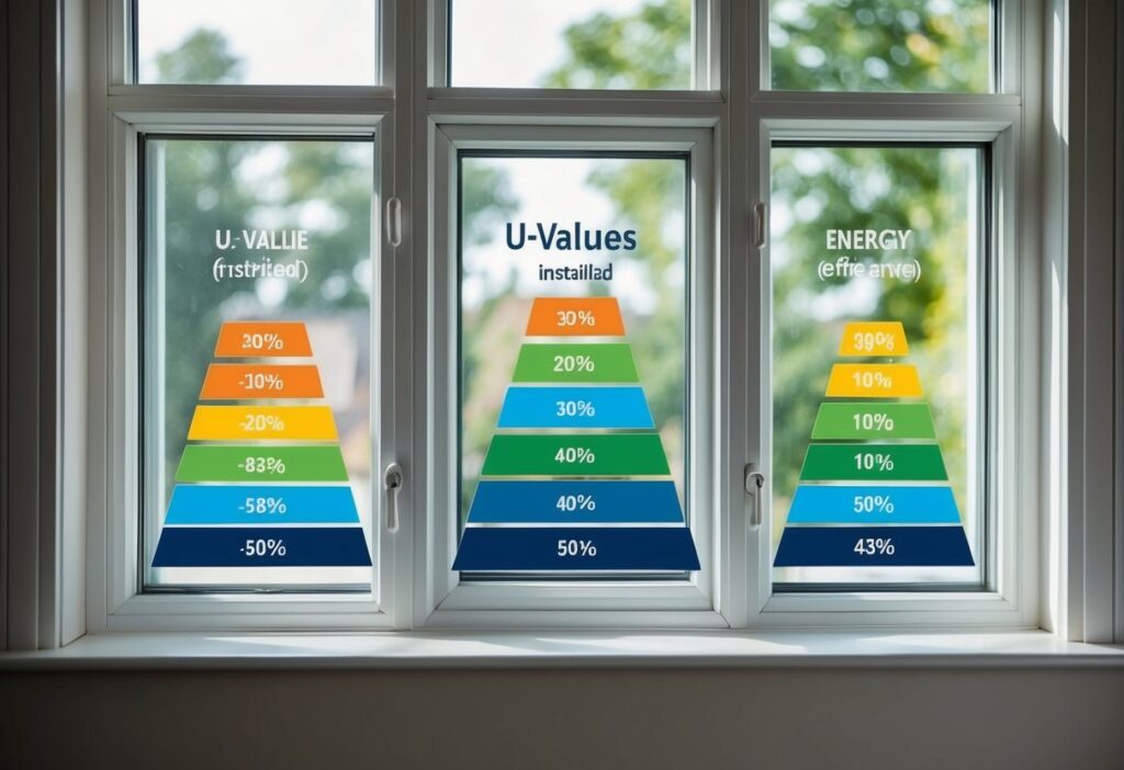 A window with different U-values installed in a house, showing varying levels of heat transfer and energy efficiency