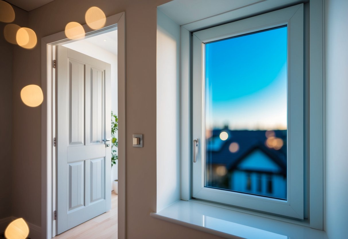 A window with a low U-value, showing heat transfer resistance. A door with a high U-value, indicating poor insulation