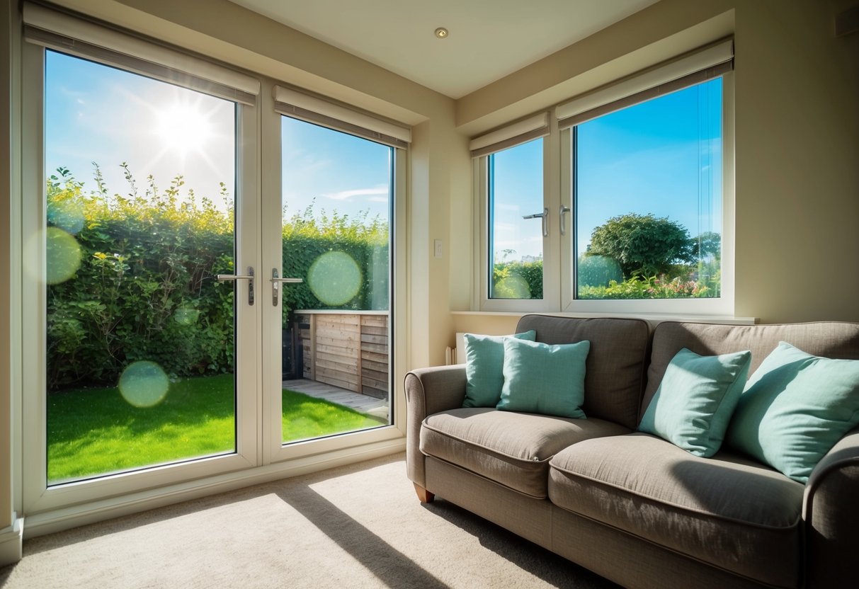 A cozy living room with sunlight streaming through double glazed windows, showcasing greenery and a clear blue sky outside highlighting the Environmental Benefits of Double Glazing