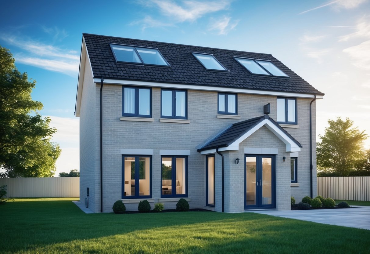 A house with double glazed windows, showing reduced heat loss and energy efficiency. Outside, trees and a clear blue sky illustrate the Environmental Benefits of Double Glazing
