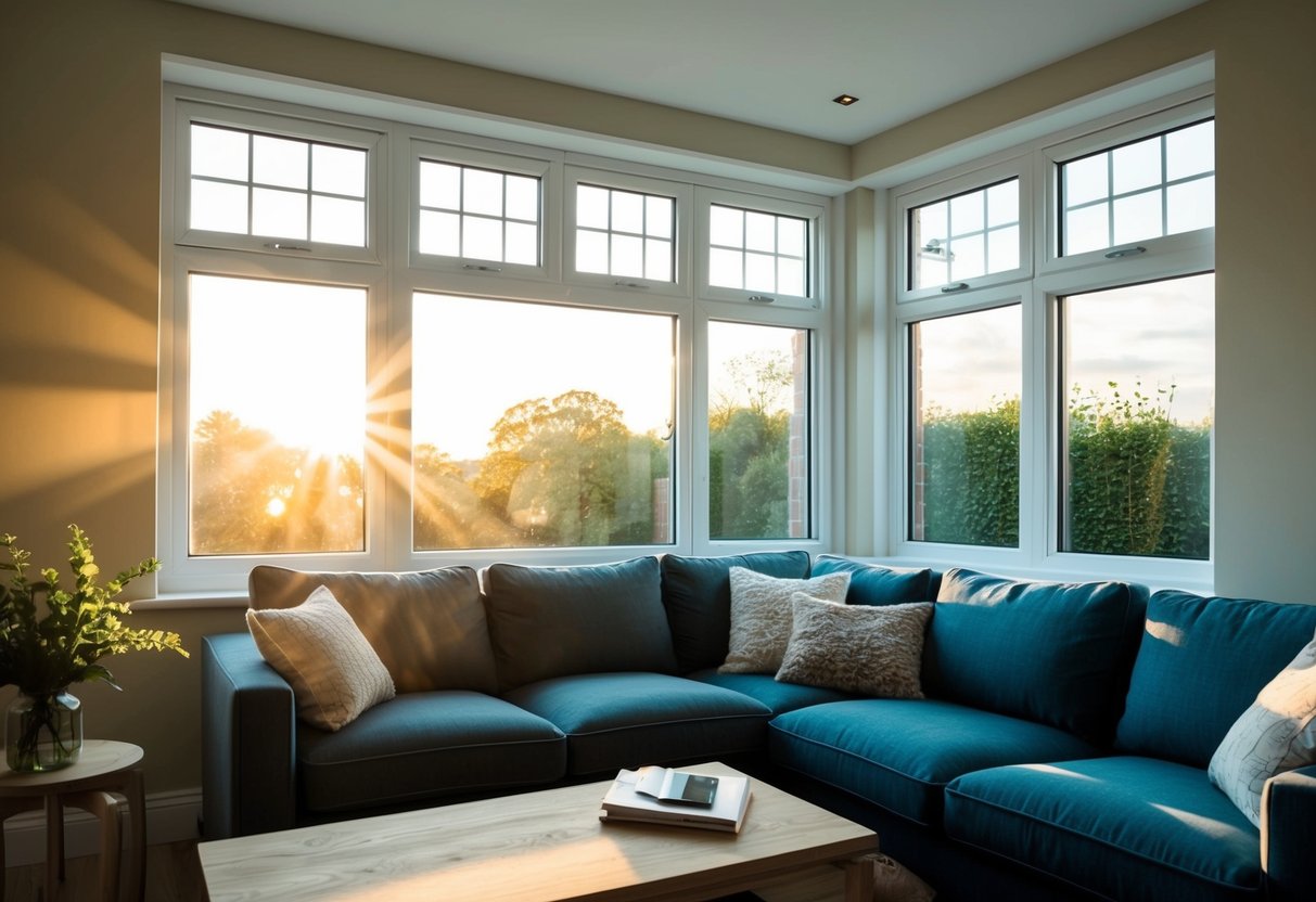 A cozy living room with sunlight streaming through double glazed windows, showcasing reduced heat loss and improved energy efficiency