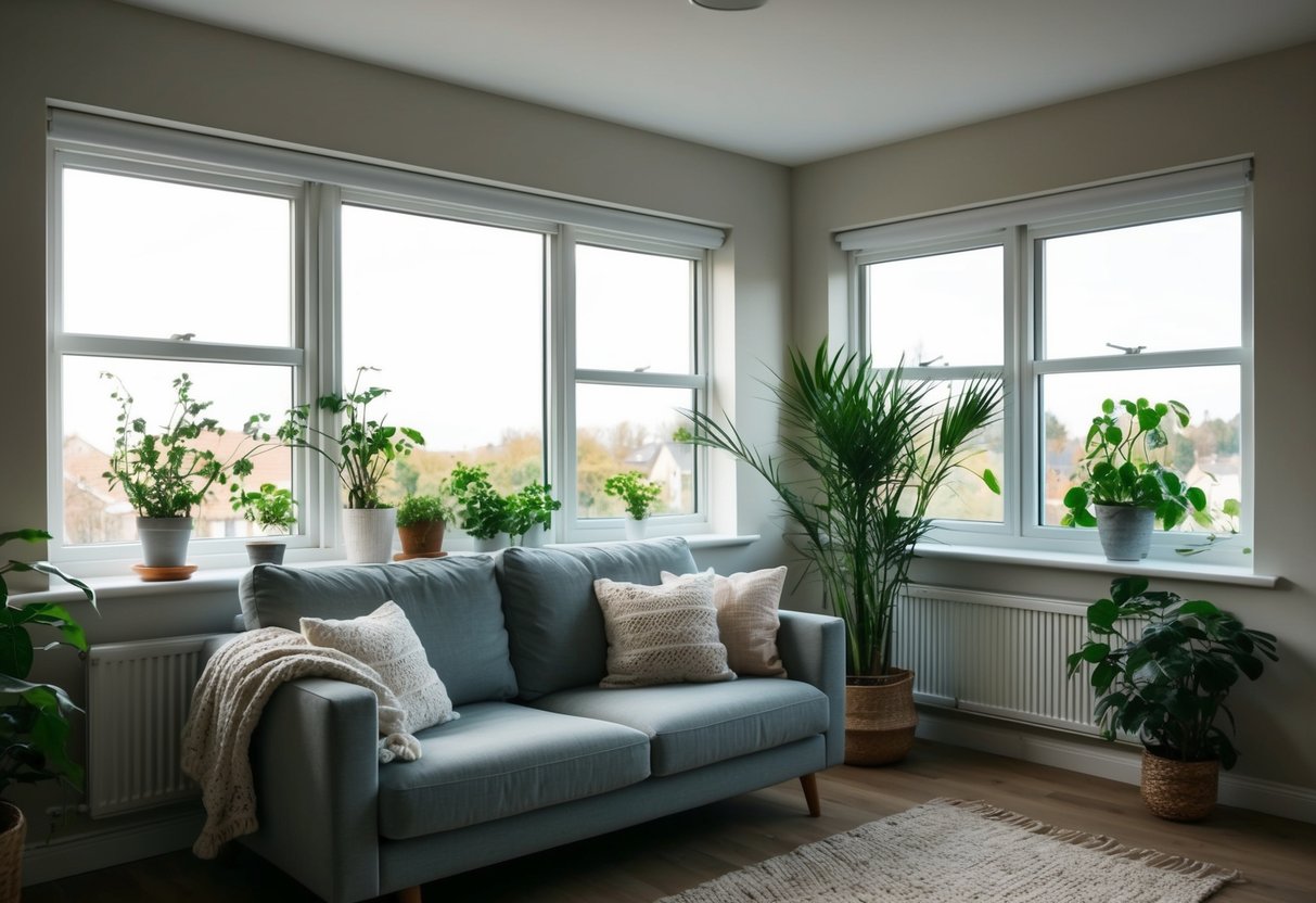 A cozy living room with double glazed windows, showing a quiet and dry environment with plants and natural light streaming in