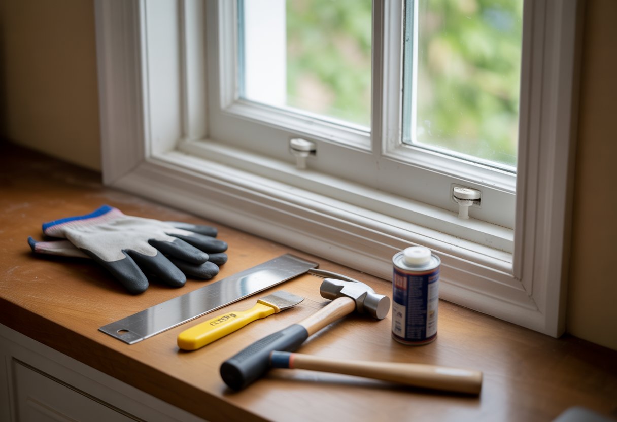 Close-up of tools including gloves, pry bar, putty knife, hammer, and lubricant placed near a slightly open white sash window.