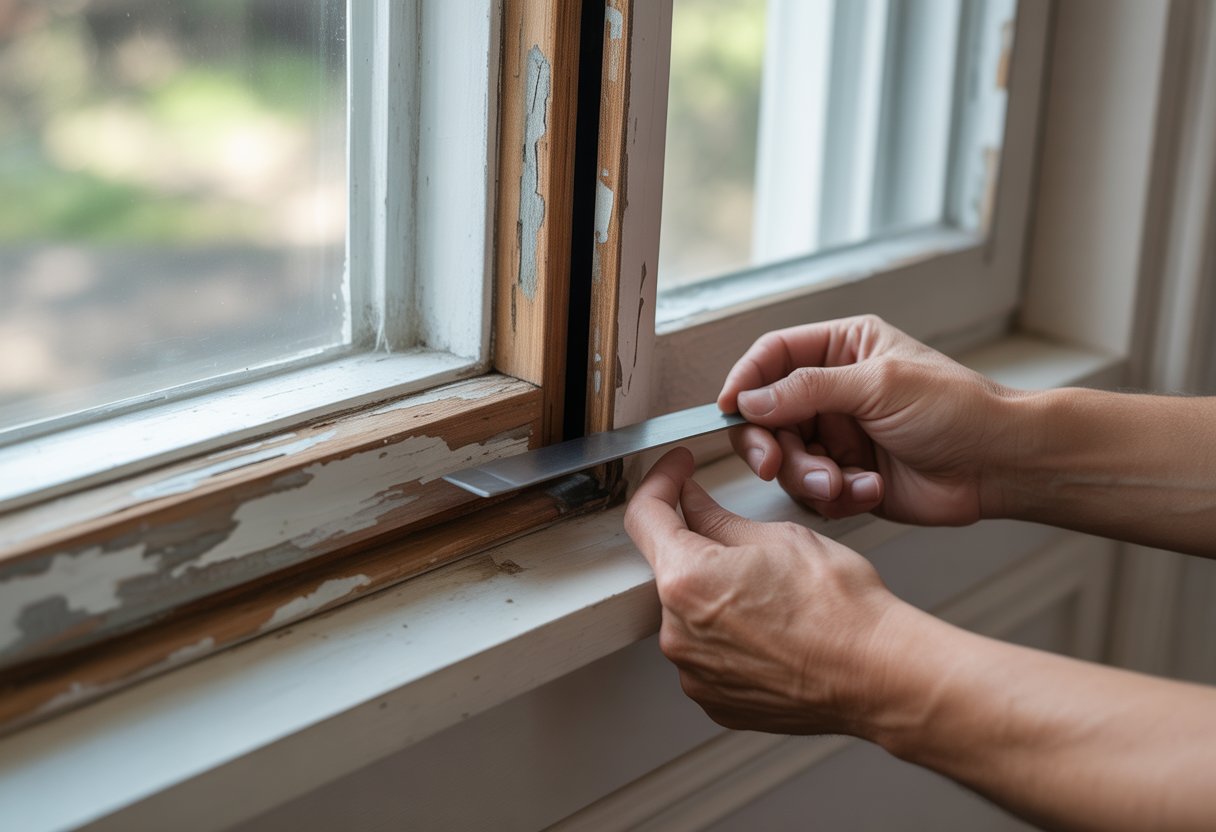 Close-up of hands carefully working to open a stuck wooden sash window with a small tool.