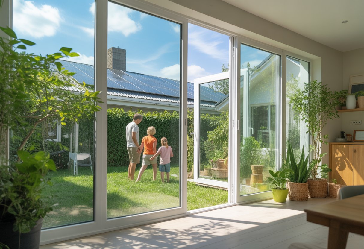 A modern home with large double-glazed windows overlooking a green garden and blue sky, with sunlight streaming inside and a family enjoying the outdoor space.