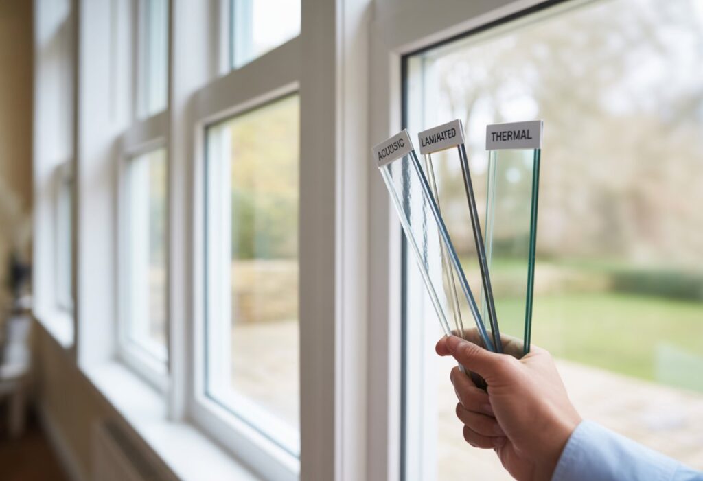 Close-up of a hand holding three different glass samples next to a white sash window frame inside a bright room.